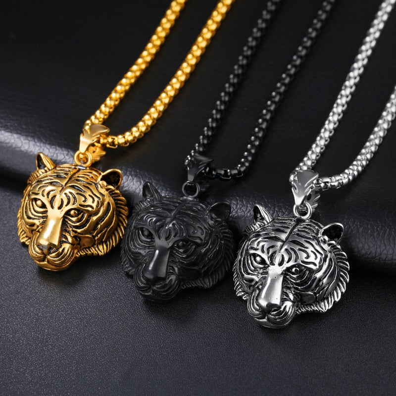 PAMTIER Men's Stainless Steel Solid Tiger Head Pendant Chain Necklace Black - Image 2